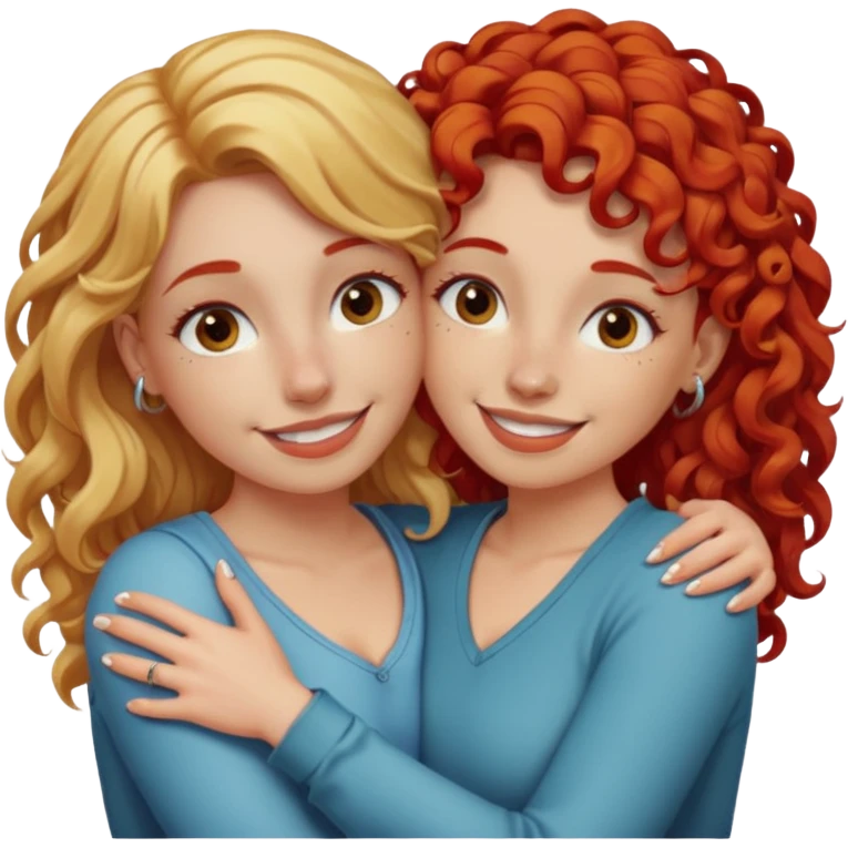 A woman with straight blonde hair and a nose piercing and a woman with curly red hair and a nose piercing are hugging and smiling together. emoji