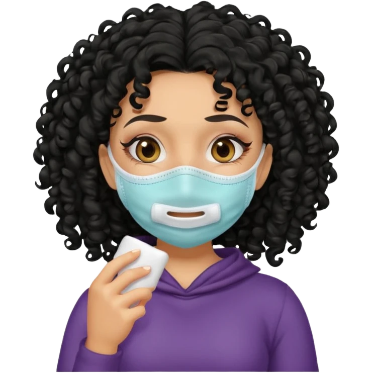 a pretty tan bratz girl with black curly hair. no makeup, looking sick, wearing a mask, coughing emoji