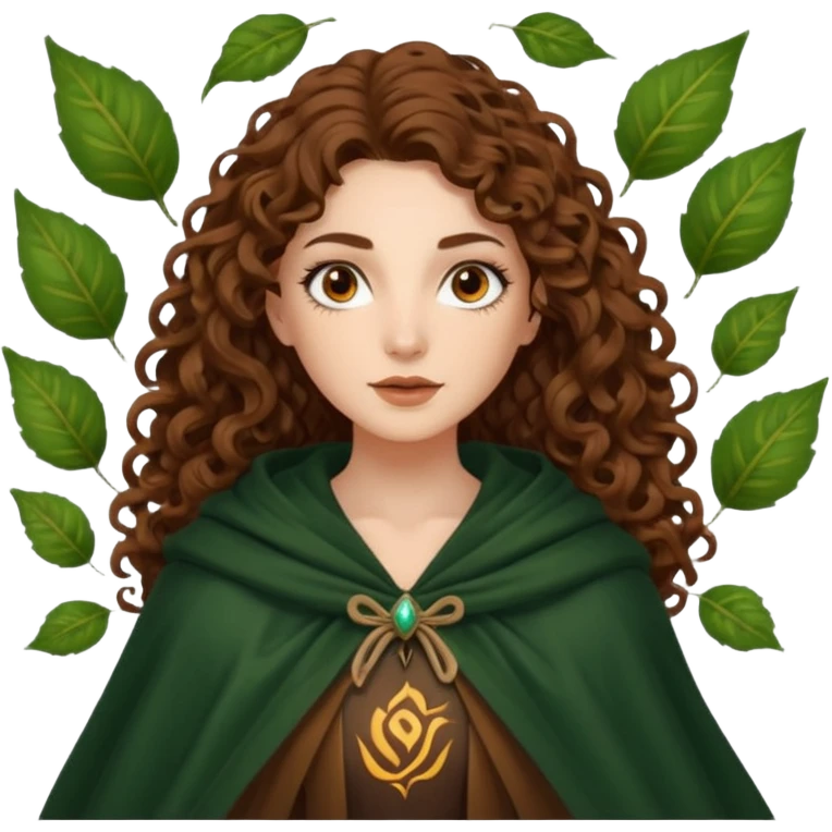 woman with long curly brown hair, brown eyes, white skin, tattoos, cloak made of animated leaves swirling emoji