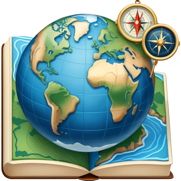 an icon featuring an earth with attitude and longitude lines, a textbook, and a topographic map, symbolizing geography as a science. The design includes a compass, mountain ranges, and rivers, representing the study of Earth's features and landscapes. Transparent background highlights geography. emoji
