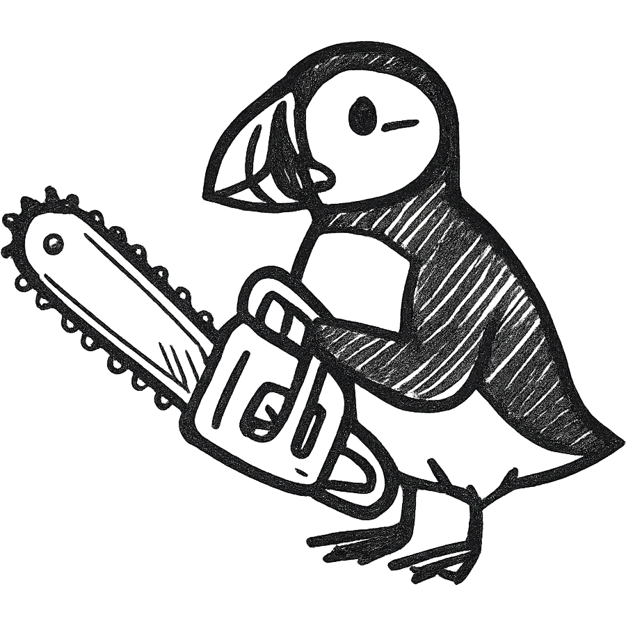 puffin with a chainsaw, hand drawn black outline style emoji