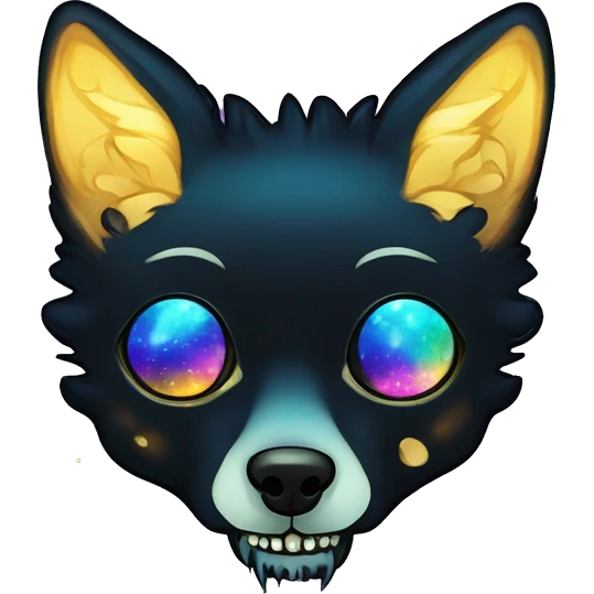 Black iridescent fluffy dog fox head zombie skull skeleton gold mechanical nebula galaxy stars colorful flowers fairy lights vintage emoji