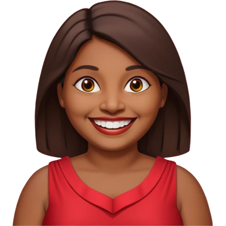 50 yr old chubby Sri Lankan woman, dark skin, straight brown hair, big smile, white teeth, red dress clothes, shoulder length hair, longer hair emoji