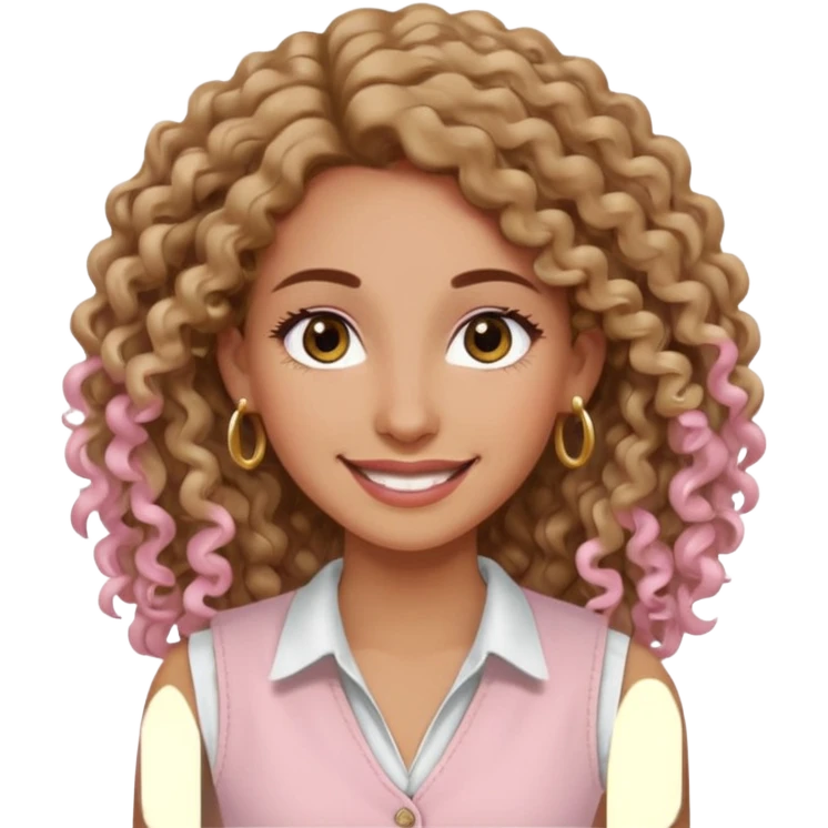 mujer un poco morena (no demasiado), pelo rizado largo, sonriendo, con ojos grandes y marrones con camisa rosa palo y un chaleco blanco y aretes dorados en forma de circulo en sus orejas  emoji