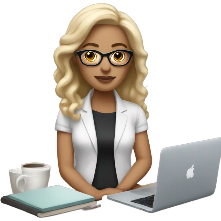 a white woman, basic style with simple, natural hair and minimal makeup, with glasses and macbook, and accessorizes with a watch , reflecting modern practicality. emoji