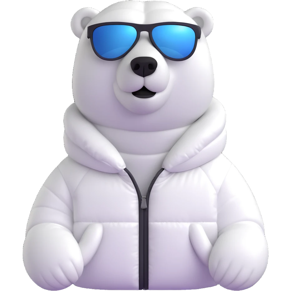 polar bear wearing a white puffer jacket and sunglasses emoji