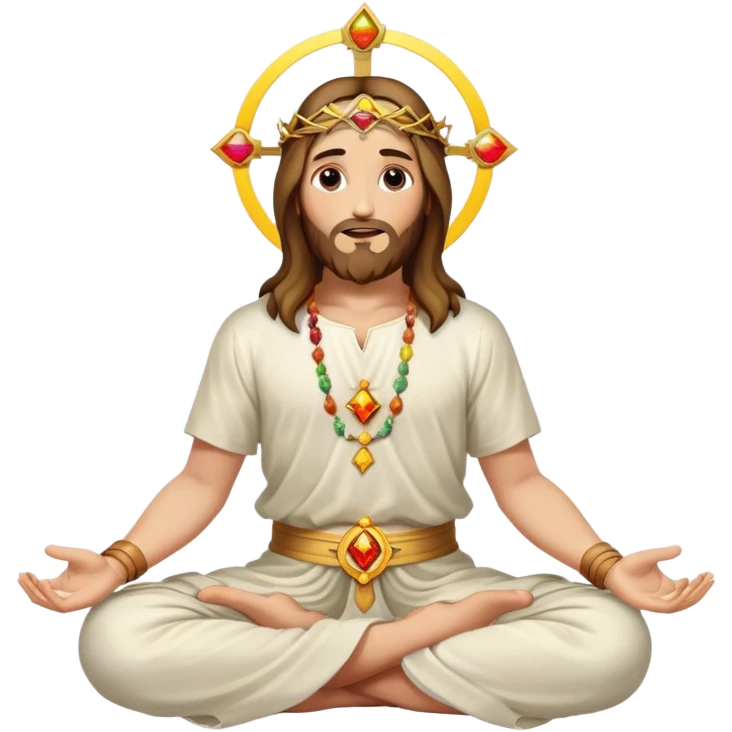 Jesus with halo, sitting cross-legged, 7 colored chakras glowing emoji