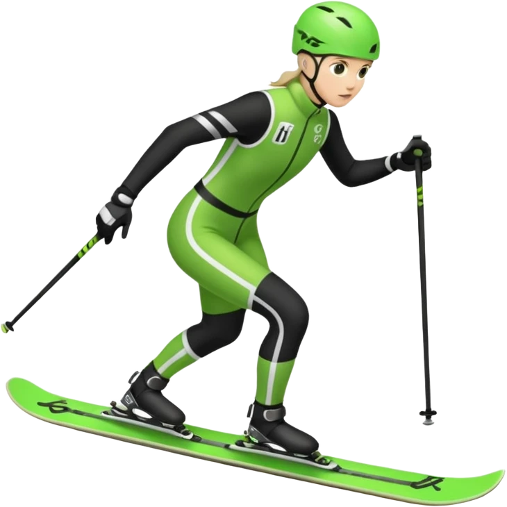Xc ski racer in green and black clothing. Full body, skate skiing  emoji