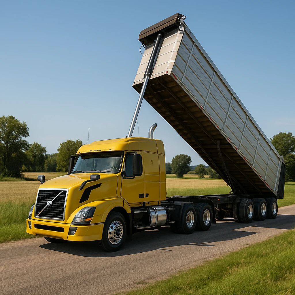 highly photorealistic Volvo yellow semi sleeper truck with a long silver end dump trailer in the raised dump position, driving to the left through a rural country setting with fields and trees, bright daytime lighting, clear sky emoji
