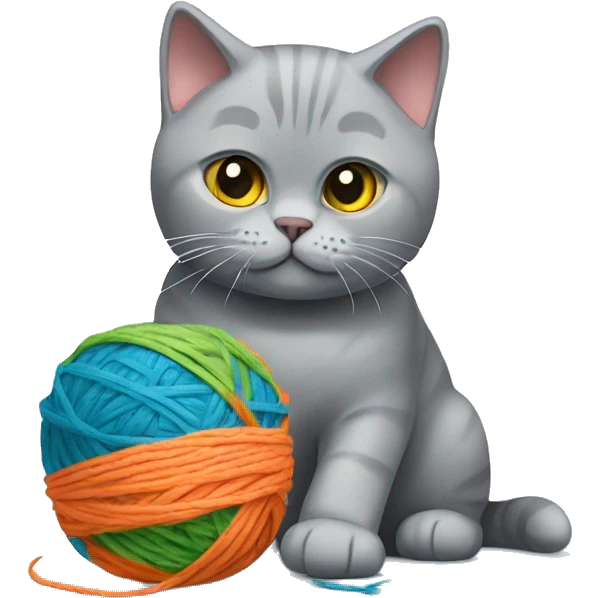 Grey British shorthair cat playing with a ball of yarn emoji