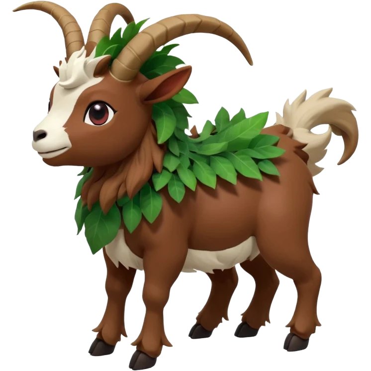 A kid riding on gogoat the quadrupedal, goat-like Pokémon with a brown, furry body and a leafy, green mane that extends down its back. It has large, black, curved horns, white fur on its face, a black nose, and red eyes. Its legs are shorter and lighter in color around the feet, back emoji