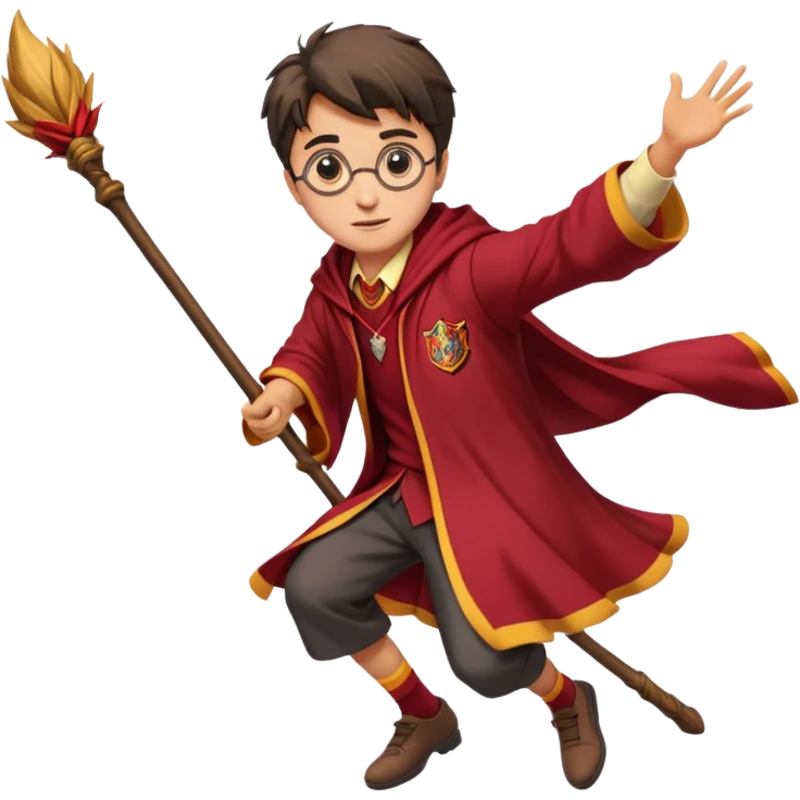 Cartoon-style illustration of Harry Potter flying on a broomstick, Gryffindor red and gold outfit, expressive face, dynamic motion, magical vibe, smooth shading, vibrant colors, no background, transparent background, isolated character. emoji