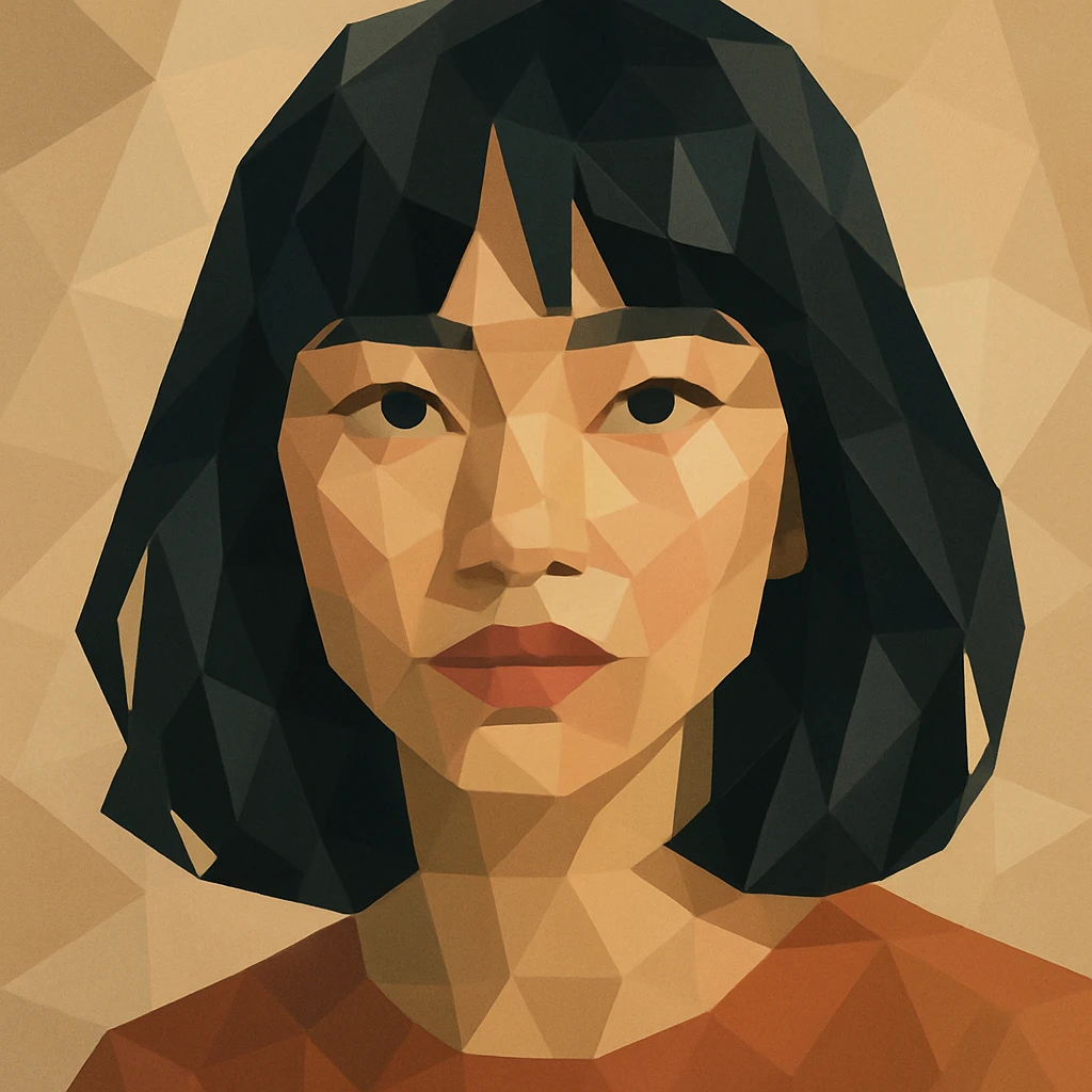 portrait of a girl with black shoulder-length hair, bangs, black almond-shaped eyes, full lips, and straight nose, polygonal style emoji