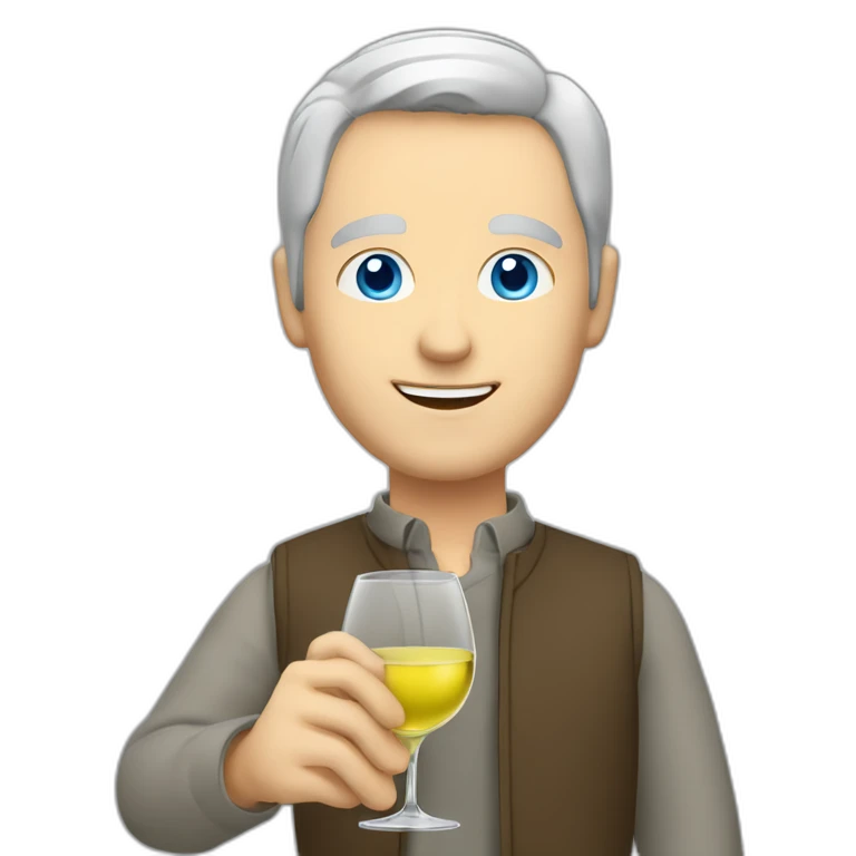 a caucasian man with blue eyes and short grey hair, toasting with a glass of white wine emoji