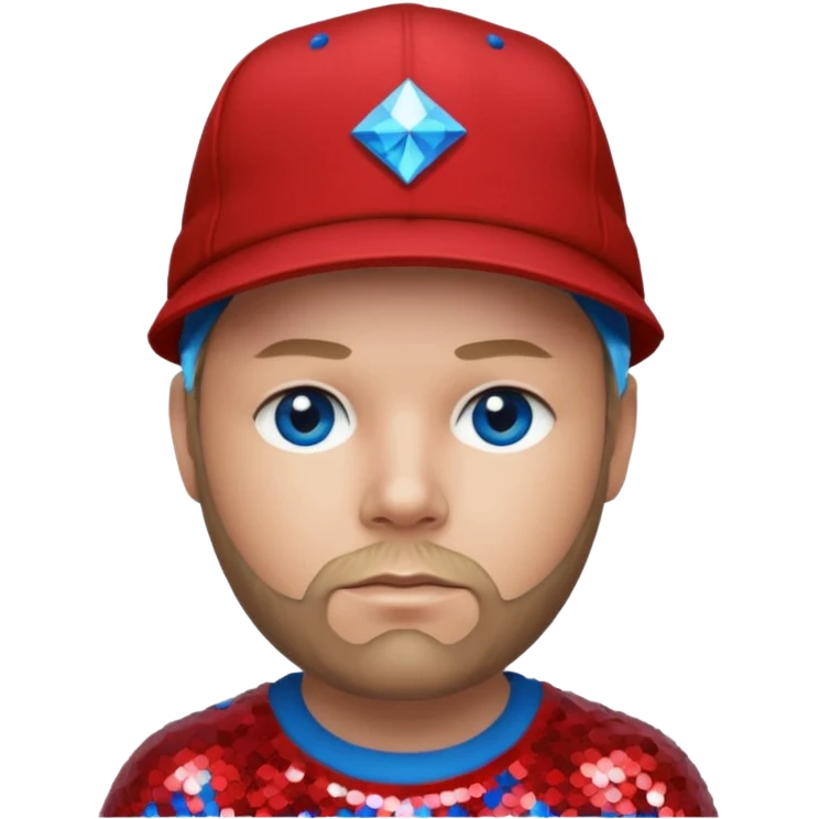 Fred Durst with dark blonde hair, red sequin shirt and hat, blue eye emoji