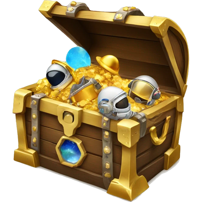 Open Treasure chest with astronaut helmets, gold,gems and some space themed items inside emoji