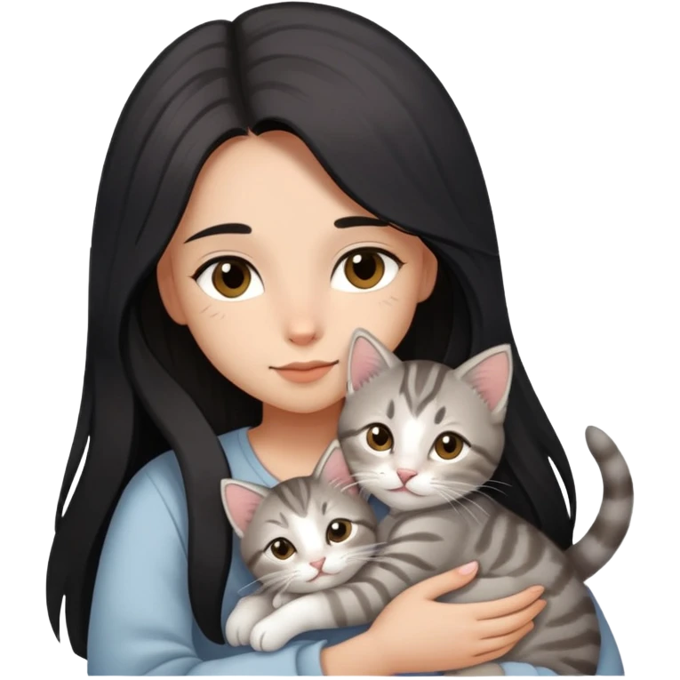 girl with black long hair, light-medium skin, brown eyes snuggling light grey tabby kitten emoji