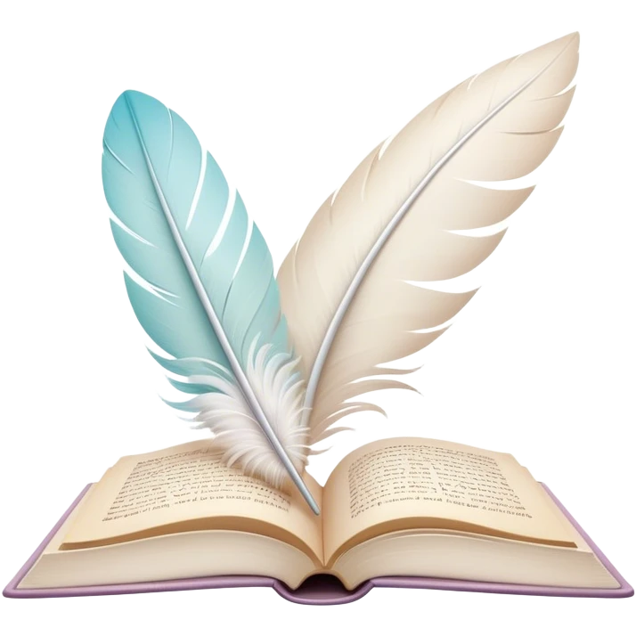 Create a delicate and poetic emoji representing poetry. The design should feature several elegantly flying pages with short poetic columns written on them. The pages should appear light and flowing, almost as if being carried by the wind. Include a white feather gently resting on the pages, symbolizing creativity and inspiration. Use soft, pastel tones to give it a dreamy, artistic feel. The design should feel ethereal and whimsical, capturing the essence of poetry. Make the background transparent. emoji