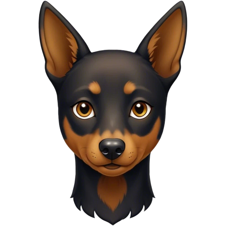 Cinematic Noble Black and Tan Kelpie Portrait Emoji, Poised and regal, with a strong, agile build and a glossy, well-groomed Fur of deep black and tan accents, piercing dark eyes, Simplified yet sharp and sophisticated features, highly detailed, glowing with a soft, dignified glow, high shine, intelligent and energetic, stylized with an air of determination, focused and attentive, soft glowing outline, capturing the essence of a watchful and confident herder, so majestic it feels as though it could bound out of the screen with effortless authority! emoji