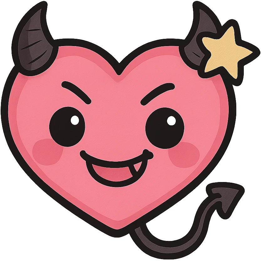 devil emoji, chibi style, pink and black colors, heart-shaped face, small horns, mischievous grin, cute expression, star accessory emoji