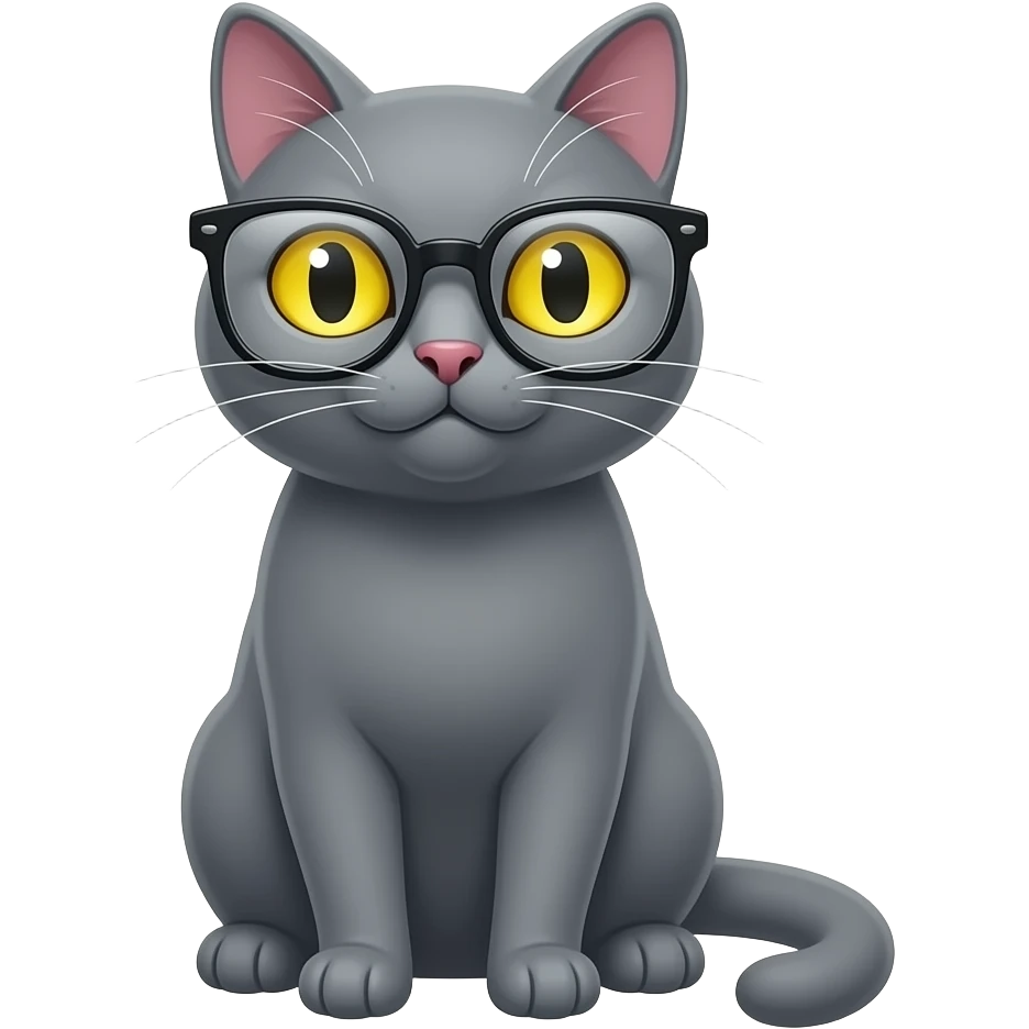 solid grey cat, yellow eyes, with reading glasses emoji