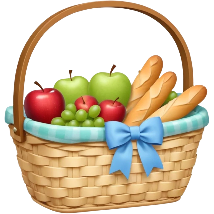 A white Picnic basket with pastel blue bow，contained baguettes and fruit, emoji