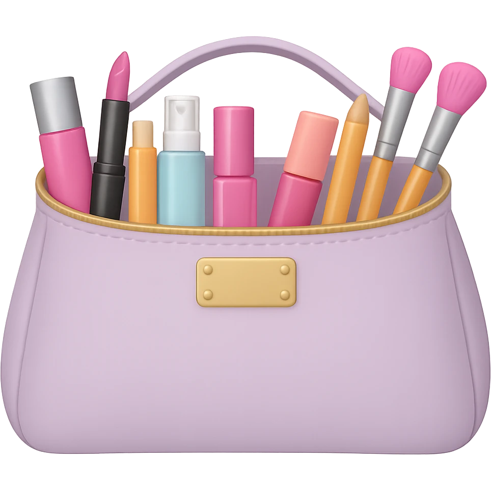 Create an image of a cosmetic bag with cosmetics peeking out. The bag should be pastel colored and styled like an emoji. The background should be removed, isolating the subject clearly. emoji