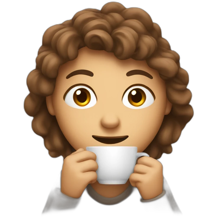 person with a cup of coffee in hands and eyes wide open, face all visible, nervous smile emoji