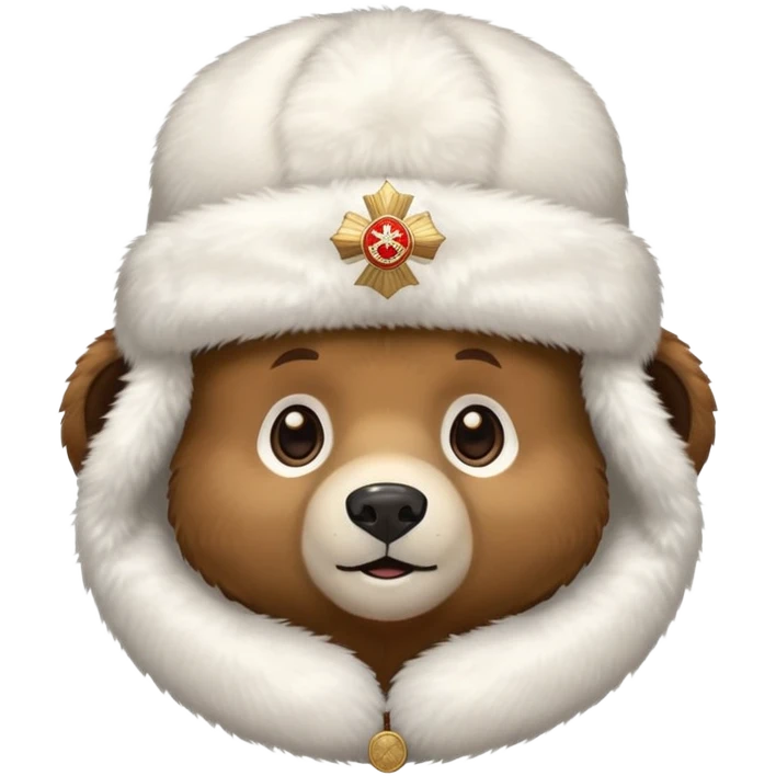 Friendly bear face with white fluffy ushanka hat with prominent Russian emblem in the middle, iOS emoji style emoji