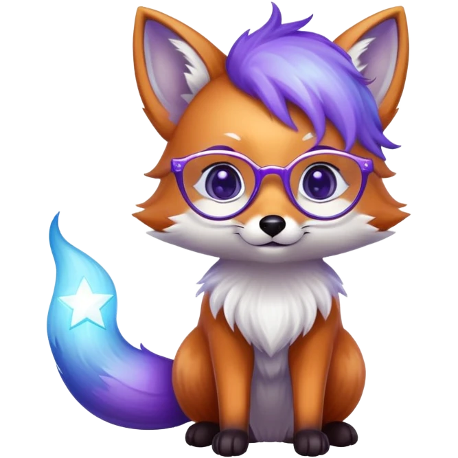 Heart eyes 😍 — a small magical fox with shimmering purple and blue fur, a glowing fluffy tail, a silver star on its forehead, round glasses, and a tiny lantern. emoji