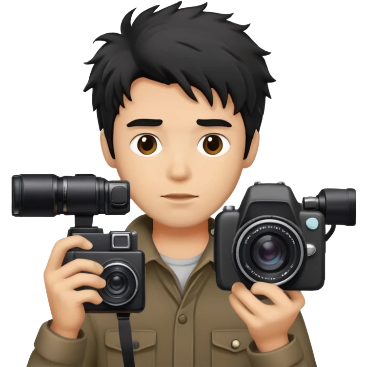a man with black messy hair with a camera emoji