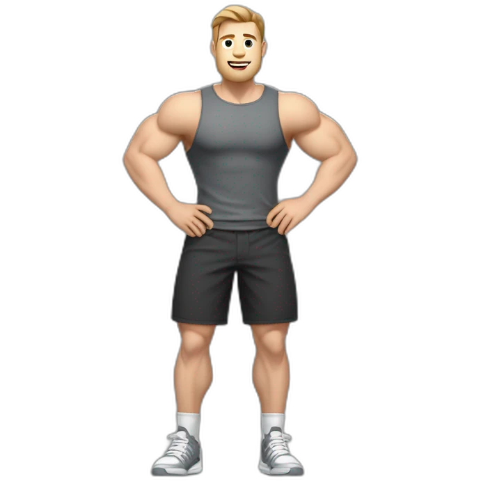 Full height Actively gesturing  with hands Pale skinned Fit Man With the biceps and brown hair in dark gray Sleeveless Mike, black oversize sports shorts, watch and white Sneakers emoji