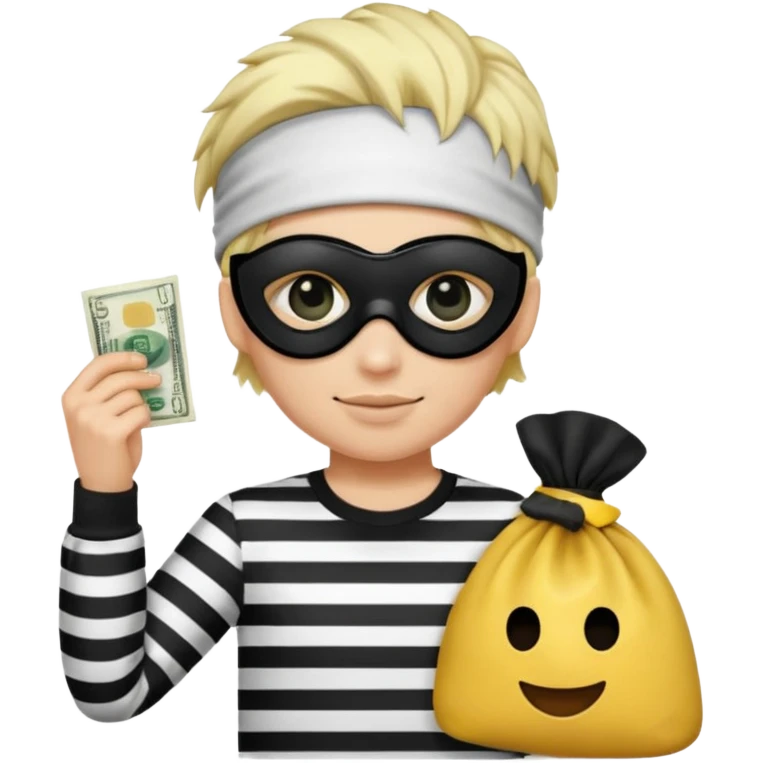 Realistic ios emoji-style portrait of a classic burglar, a black eye mask and a black-and-white striped shirt. emoji-like hair, black hat, a bag of money 💰 with a dollar sign in a right corner  emoji