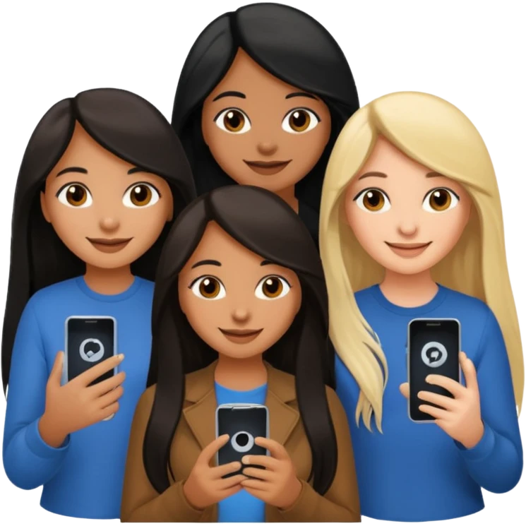 3 brown girl friends with a phone on their hand, one with black long hair, one with brown hair long and the other one with black and blonde hair,  emoji