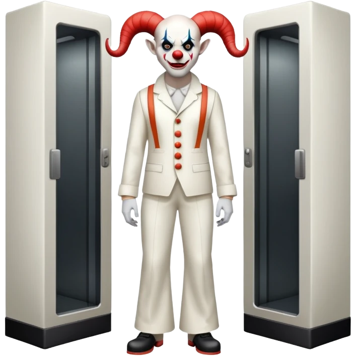full-body demonic clown in a white leisure suit with bellbottom pants, bald, with black ram horns, wearing elevator shoes emoji