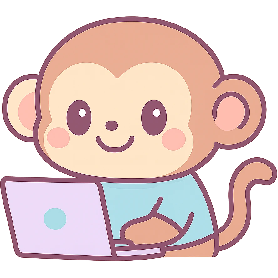 cute cartoon monkey using a laptop, smiling, wearing a blue shirt emoji