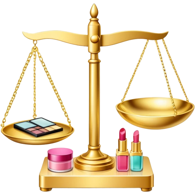 gold scale with dollars on one side and beauty products like lipstick, perfume, makeup on the other emoji