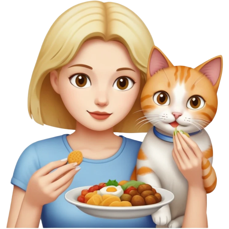 Woman sharing food with cat emoji