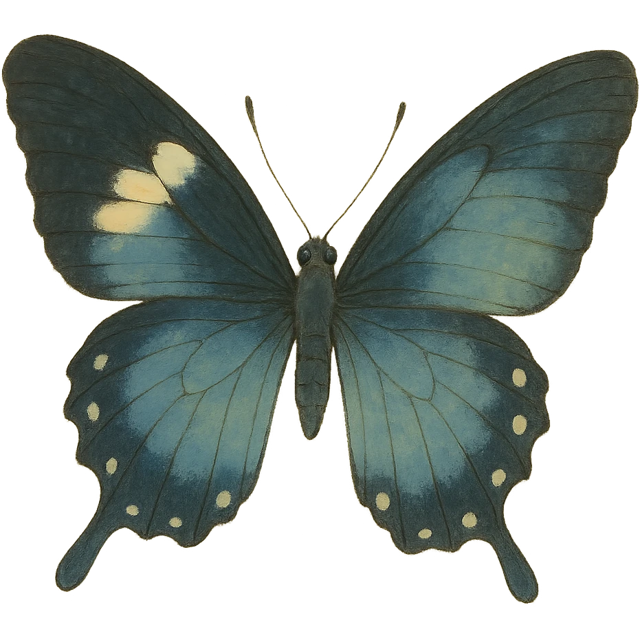 realistic whimsical black, blue and cream butterfly, natural colors, soft, fairy-like atmosphere, no background, square size emoji