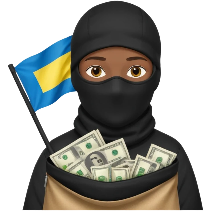 создай украинца в черное одежде и черной балаклаве с большим мешком денег на котором есть флаг страны в руках emoji
