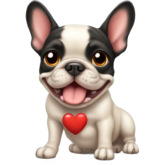 A small, black-and-tan French bulldog with a mostly black face and tan paws, showing a cute and joyful expression, with large red heart-shaped eyes, like the 😻 emoji. emoji