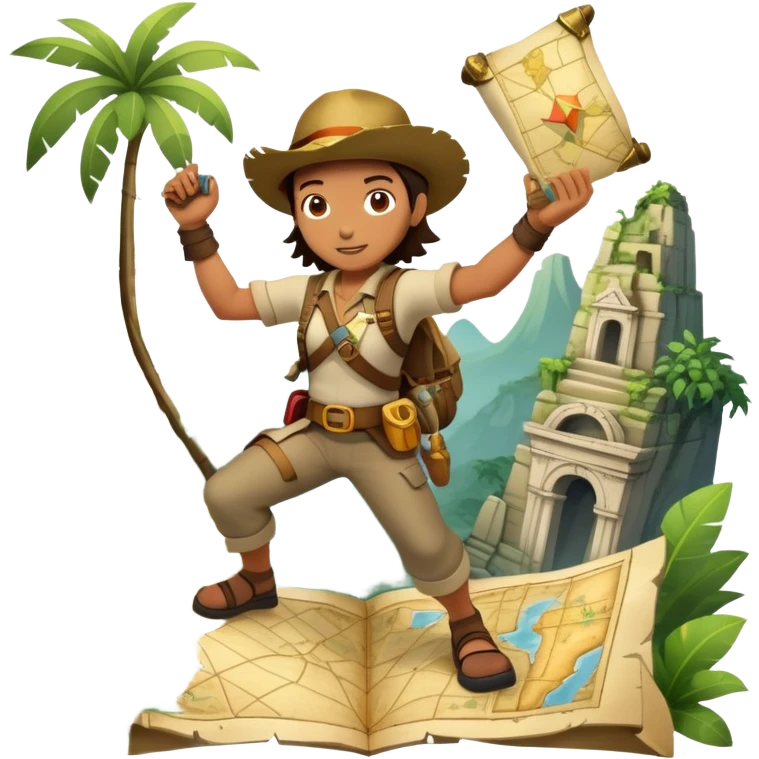 An icon featuring an adventurer in a dynamic action pose with treasure map, ancient ruins and jungle landscapes in the background. The design includes clues, hidden passages and climbing gear, symbolizing the thrill of exploration and discovery. Transparent background. emoji