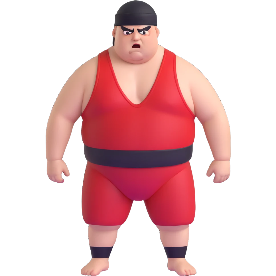 Close-up of white skin fat guy with young face, no muscle with prominent black durag, completely shaved face, no beard or mustache, black eyes in a red and black wrestling singlet with angry face emoji