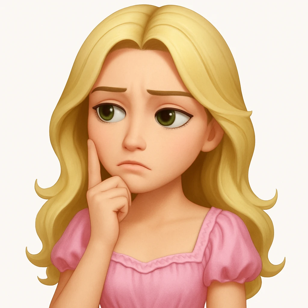 Create an image of a blonde with long hair and swamp eyes wearing a pink pastel dress, thoughtful expression. The style should match the apple emoji style as shown in the reference image. emoji