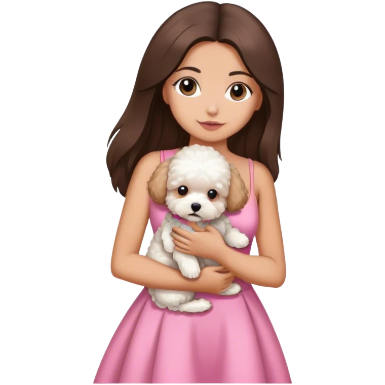 brunette sexy with long straight hair holding white maltipoo in pink dress emoji