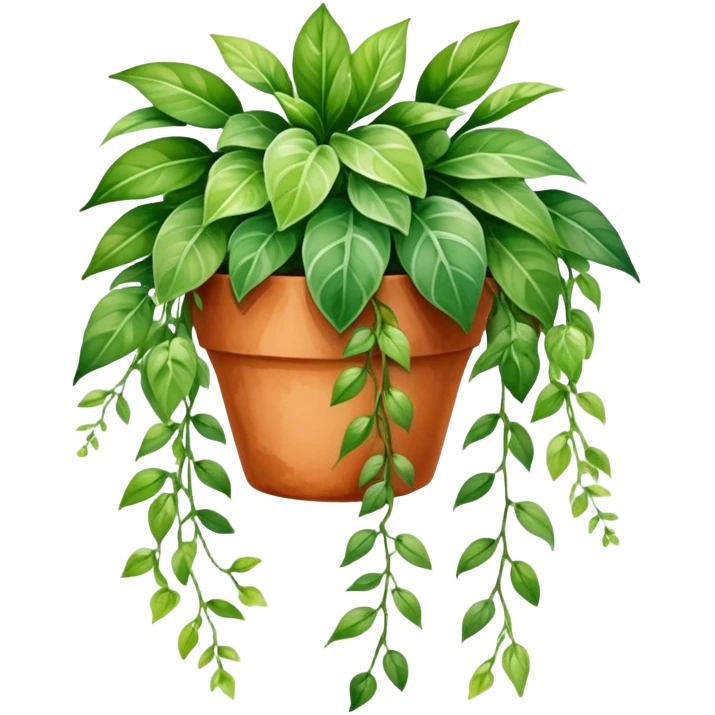 A vibrant hanging plant in a terracotta pot, painted in soft watercolor strokes with detailed leaves cascading down. emoji