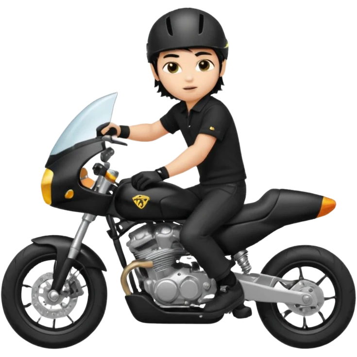 generate a pretty fair bratz boy with a messy mullet (black hair), wearing a BLACK polo.  on a superbike emoji