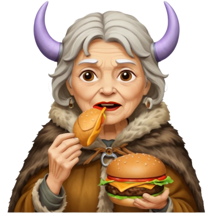 old woman viking eating burger emoji