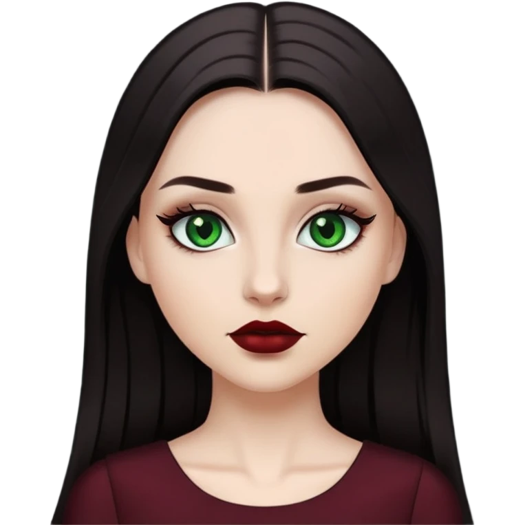 white girl with dark straight long hair, green eyes, black eyelashes, dark red lipstick and black dress emoji