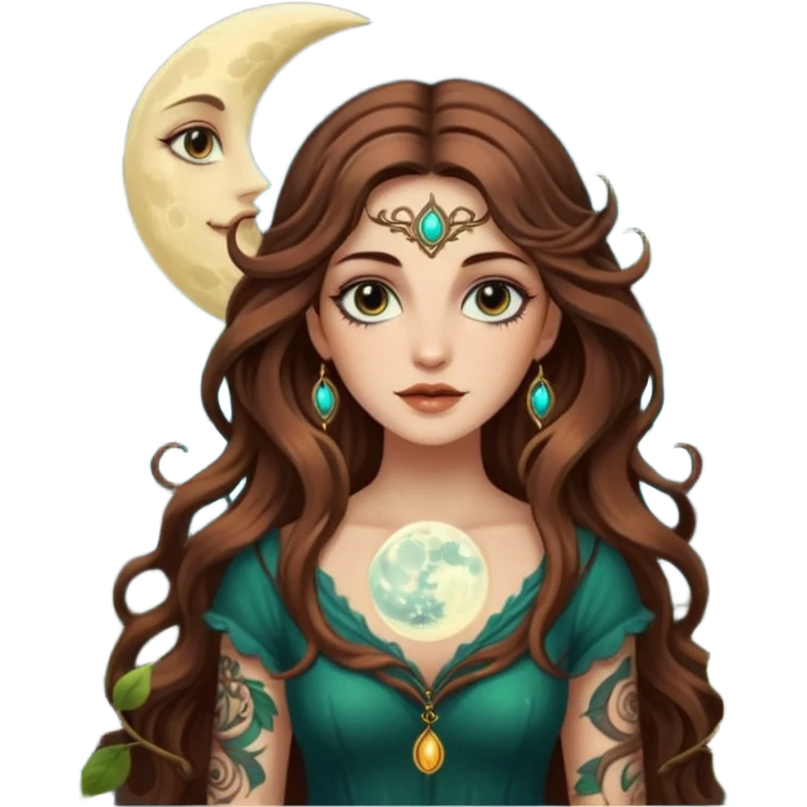 forest mystic woman long wavy brown hair tattoos half-lidded eyes moon glow emoji